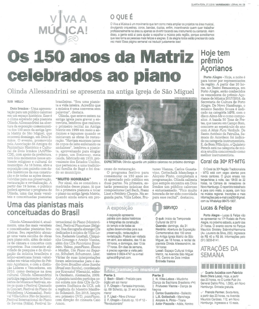Os 150 Anos da Matriz celebrados ao piano  Espaço Cultural Antiga Matriz | Espaço cultural da Antiga Matriz - Dois Irmãos/RS